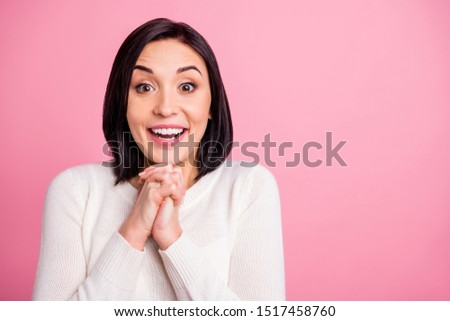 Photo of funny lady not believe eyes looking on new present from boyfriend wear white pullover isolated pink pastel color background