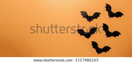 Halloween decorations concept. Black paper bats on orange background. Top view Copy space Horizontal banner - Image