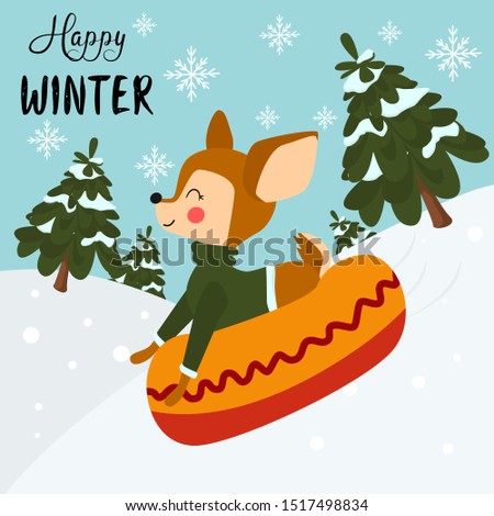 happy winter poster with deer in the forest - vector illustration, eps
