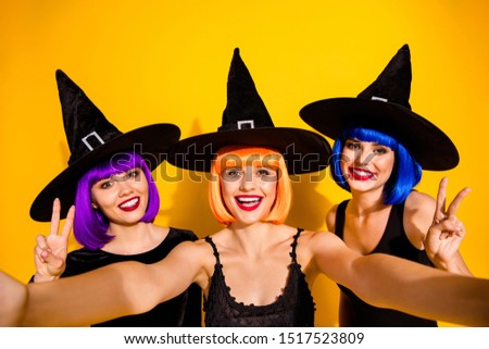 We are positive kind magicians! Close up photo of socialized enthusiastic cheerful excited good ladies having fun taking self picture in colorful hairdo red lips v-sign isolated vivid background