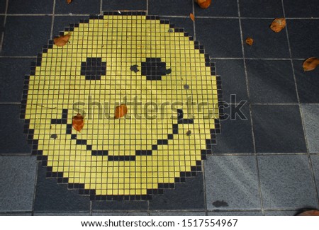 Mosaic of an smiling face emoticon on a gray tiles sidewalk, and some fallen tree leaves