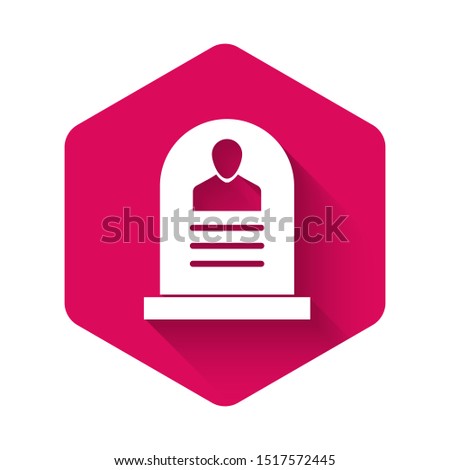 White Tombstone with RIP written on it icon isolated with long shadow. Grave icon. Pink hexagon button