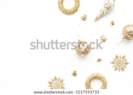 Christmas decoration on white background, top view, flat lay
