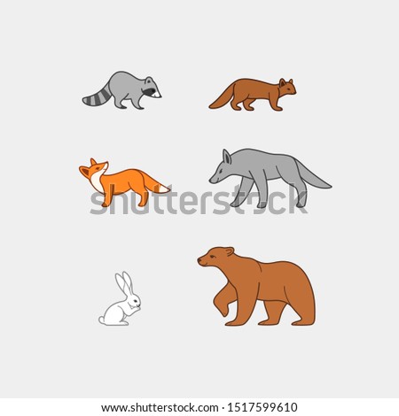 Cartoon forest animal line icon. Cute animals icons set - raccoon, fox, hare, bear, marten, wolf. Childish vector print for nursery, kids apparel, poster, postcard, pattern.