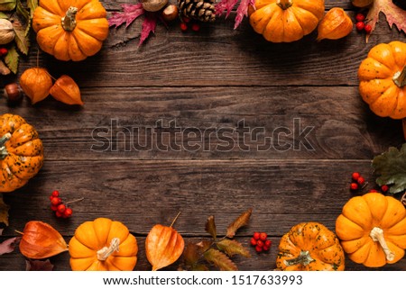 Autumn decorative pumpkins with fall leaves on wooden background. Thanksgiving or halloween holiday, harvest concept. Top view, copy space for greeting
