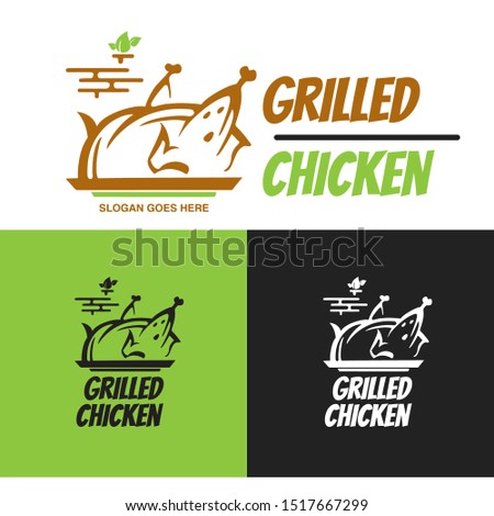 Vector illustration of a whole roasted chicken with leaves Logo With different Background .Graphic icon symbol for cafe, restaurant, cooking business. 