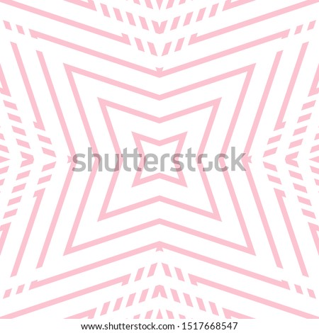 Geometric lines seamless pattern. Vector abstract pink and white ornament. Simple geometrical linear shapes, stripes, stars, repeat tiles. Modern minimal background texture. Design for decor, print