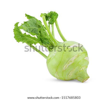 Fresh kohlrabi with green leaves on isolated white backround. full depth of field Royalty-Free Stock Photo #1517685803