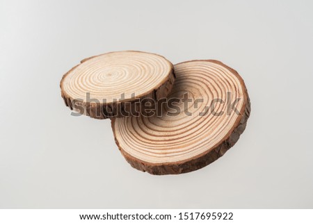 Design concept - top view of circular wood piece with annual ring isolated float in air on white background for mockup, it's real photo, not 3D render