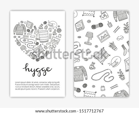 Card templates with doodle outline hygge icons in Scandinavian style. Used clipping mask.