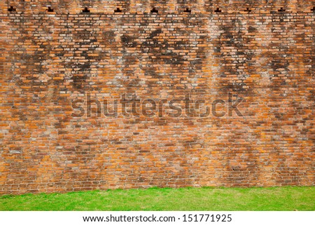 Red brick wall with grass floor