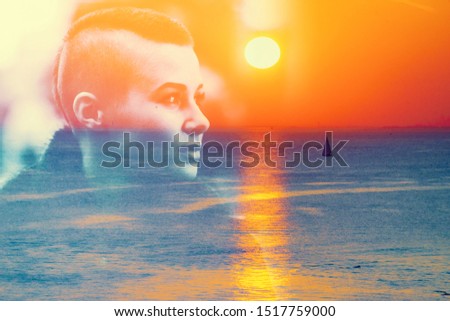 Double multiply exposure portrait of a short hair woman meditating alone outdoors with photograph of nature, sunrise or sunset at sea with yacht. Psychology, life zen freedom, power of mind concept