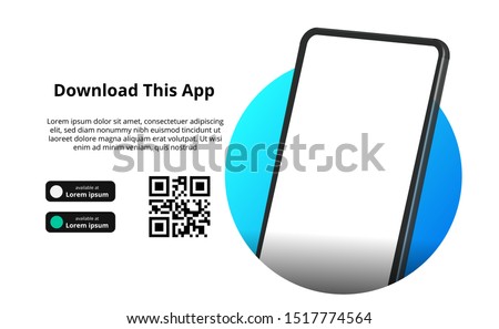 page banner advertising for downloading an app for mobile phone, smartphone. Download buttons with scan qr code template. 3D perspective with blue circle Royalty-Free Stock Photo #1517774564