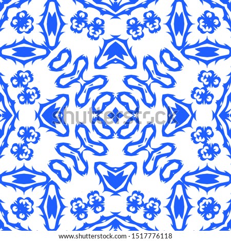 Ceramic tiles azulejo portugal. Fashionable design. Vector seamless pattern concept. Blue ethnic background for T-shirts, scrapbooking, linens, smartphone cases or bags.