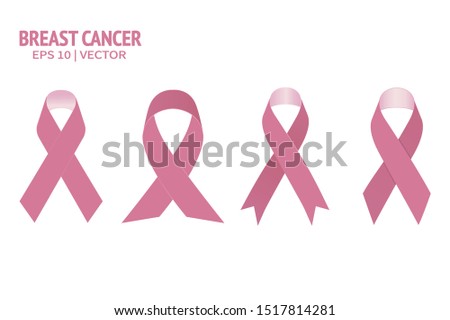 Breast cancer pink ribbon set. Woman care supporting realistic vector illustration isolated collection on transparent background. Female care health survivor emblem flat design