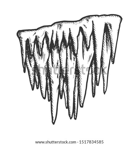 Icicle Stalactite Frost Element Monochrome Vector. Glacial Subfreezing Weather, Vertical Icy Stalactite. House Winter Decoration Engraving Mockup Designed In Vintage Style Black And White Illustration Royalty-Free Stock Photo #1517834585