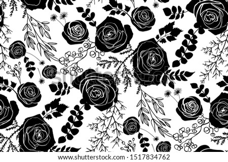 Vector seamless pattern with garden roses flowers black and white hand drawn. Floral design illustration for cosmetics, greeting card , wedding invitation, fabric or wrapping paper.