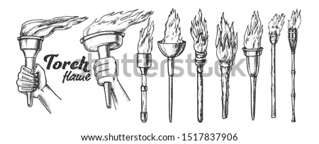 Torch Burning Collection Monochrome Set Vector. Different Material And Size, Medieval And Sport Torch. Burn Fire Engraving Template Hand Drawn In Vintage Style Black And White Illustrations