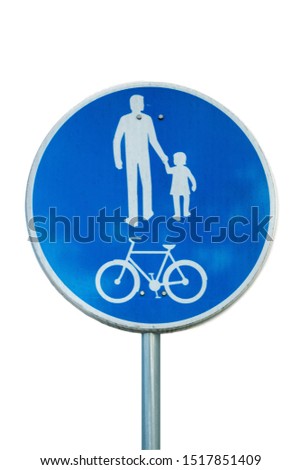 Road sign for bikes and pedestrians isolated on white background