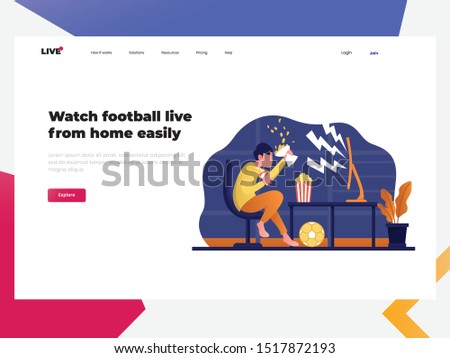 soccer football streaming vector website template, web page and landing page design for website and mobile site development. person watch live streaming in front of computer with popcorn.