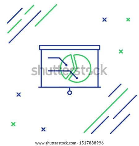 Blue and green line Board with graph chart icon isolated on white background. Report text file icon. Accounting sign. Audit, analysis, planning. Colorful outline concept. Vector Illustration