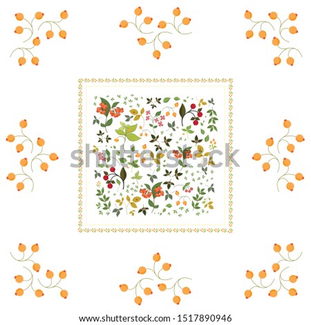Illustration on white background, frame from an ornament of branches, berries and flowers, for cover, paper or invitation decor