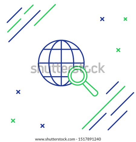 Blue and green line Magnifying glass with globe icon isolated on white background. Analyzing the world. Global search sign. Colorful outline concept. Vector Illustration