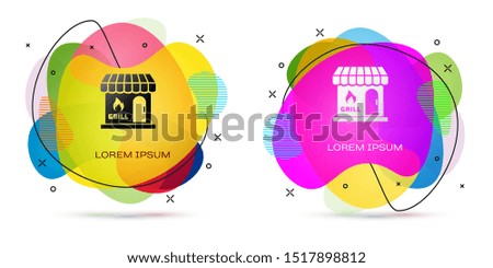 Color Barbecue shopping building or market store icon isolated on white background. BBQ grill party. Shop construction. Abstract banner with liquid shapes. Vector Illustration