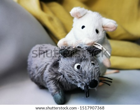 Two cute funny mouse, a symbol of the year 2020 on the astrological calendar. Photo of children's toys close-up