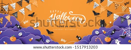 Halloween Decorative Border made of Festive Elements Background and "Halloween" text Calligraphic Lettering Vector illustration. 