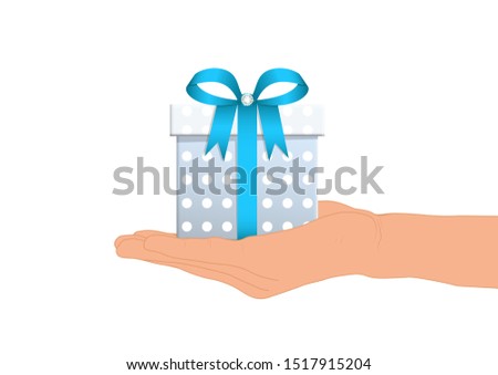Hand giving luxury blue gift box vector illustration