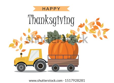 Harvest Truck with Pumpkin. Thanksgiving greeting card. Vector Illustration Royalty-Free Stock Photo #1517928281