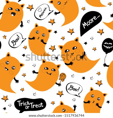 Seamless pattern happy Halloween in vector. Cute doodles for Halloween Party with a cute Ghost cat flying among the stars in the sky. Kawaii cats with different emotions. 