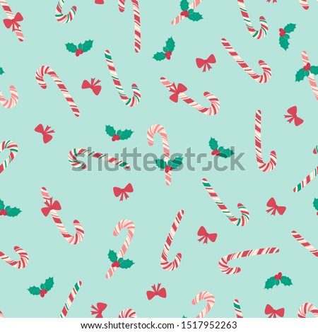 Seamless Christmas pattern with mistletoe, caramel cane, bow in hand drawn style. New year holiday background for fabric, Wallpaper, wrapping paper. Vector illustration
