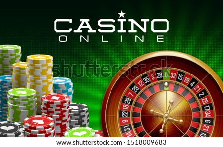 illustration Online Poker casino banner with american roulette on green surface table. Marketing Luxury green Banner Jackpot Online Casino with classic roulette. Advertising poster with poker chips