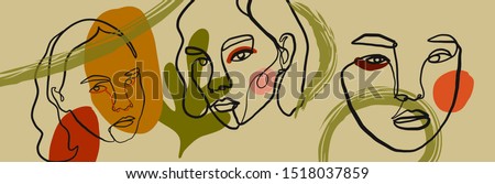 Abstract one line continuous face. Creative texture with brush strokes, freehand bright colors geometric elements, shapes. Aesthetic contemporary collage. Trendy set design