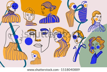 Abstract line continuous face. Contemporary drawing in modern cubism style. Portrait of a woman face isolated on colorful textures with shapes. Royalty-Free Stock Photo #1518040889