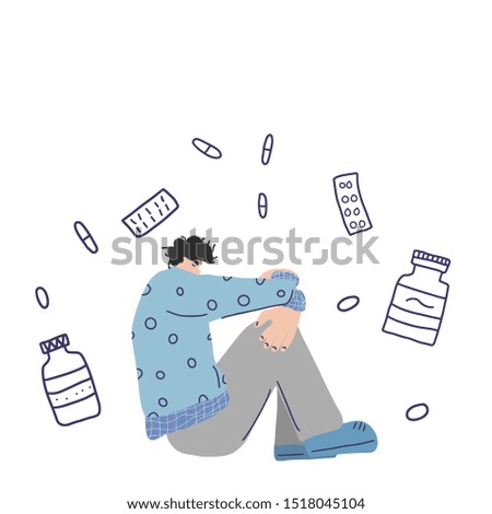Mental disoder. Young man sitting on the floor with headache isolated on white background. Vector illustartion