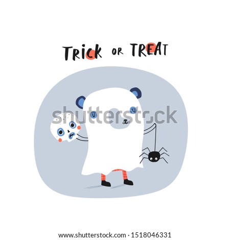 Trick or treat: doodle vector illustration with cute bear and skull. For halloween, autumn greeting cards, t-shirt prints, scrapbook. Fashion baby print in orange, gray and black colors.