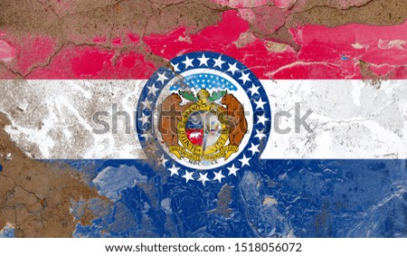 Missouri grunge, damaged, scratch, old style state flag on wall.