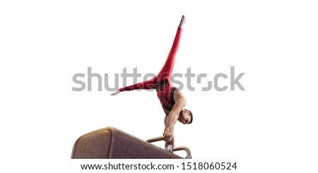 Male athlete doing a complicated exciting trick on a Pommel horse on white background. Isolated Man perform stunt in bright sports clothes