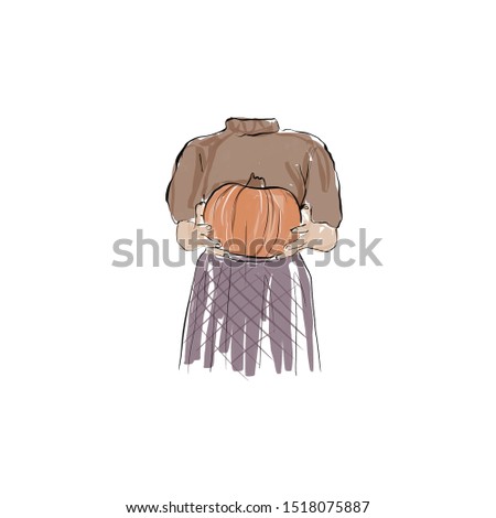 Woman holding pumpkin. Watercolor girl dressed in sweater and skirt 