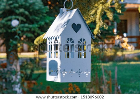 Toy house and lamp on pine tree. garden, nature background