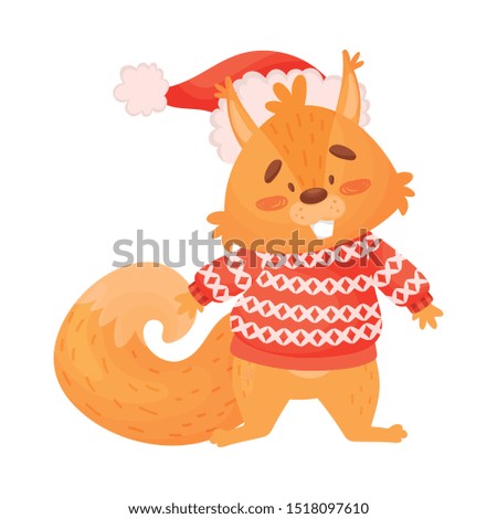 Little Red Squirrel Stands In A Christmas Hat, cartoon Vector Illustration Isolated On White Background.
