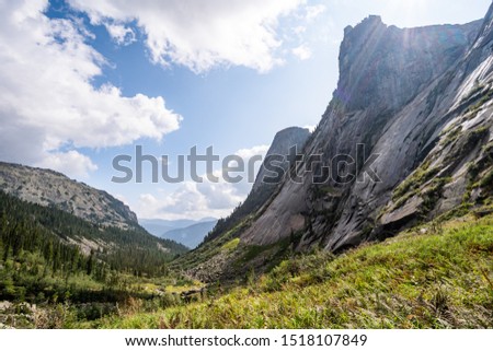 Gorgeous panoramic view on top of western Sayan mountain range in Ergaki national park, Siberia, Russia
