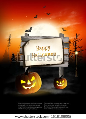 Scary Halloween background with pumpkins and wooden sign. Vector.