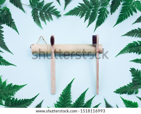 Two eco bamboo toothbrushes and bamboo cover on blue background with fern leaves. Eco friendly concept. Zero waste. Top view.