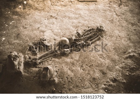 Archaeological excavations, human remaining bones, skeleton, skulls in the ground with artefacts found in the tomb at The Srithep Castle, Petchaboon Province, Thailand.