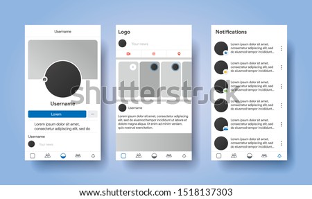 Social media network inspired by facebook. Mobile app with photos and story tile template. User profile, news, notifications and post mock up. Vector illustration template. Royalty-Free Stock Photo #1518137303