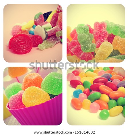 a collage of four pictures of different candies, such as jelly beans, gumdrops or gummy bears, with a retro effect